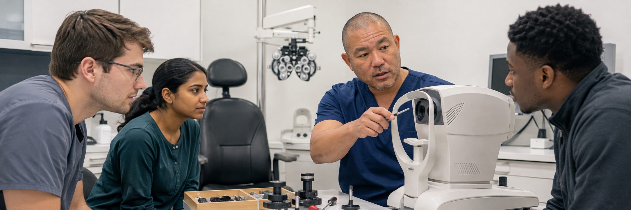 Ophthalmic equipment service on an autorefractor and phoropter in an eye clinic