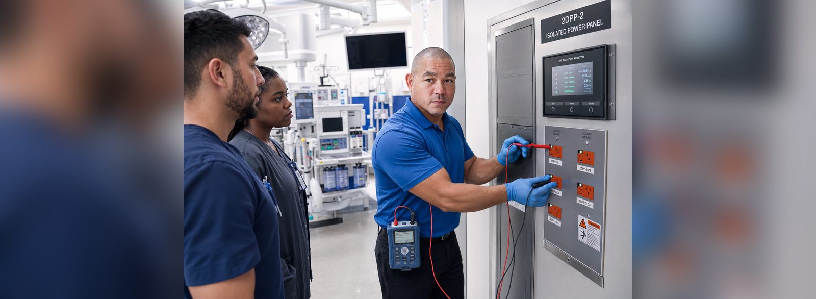 Biomedical technician testing isolated power panel receptacles with an electrical safety analyzer while clinical staff observe