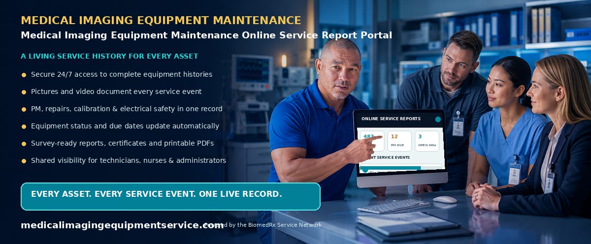 Medical Imaging Equipment Maintenance Online Service Report Portal — every service event, live in your secure online report portal; view a sample report